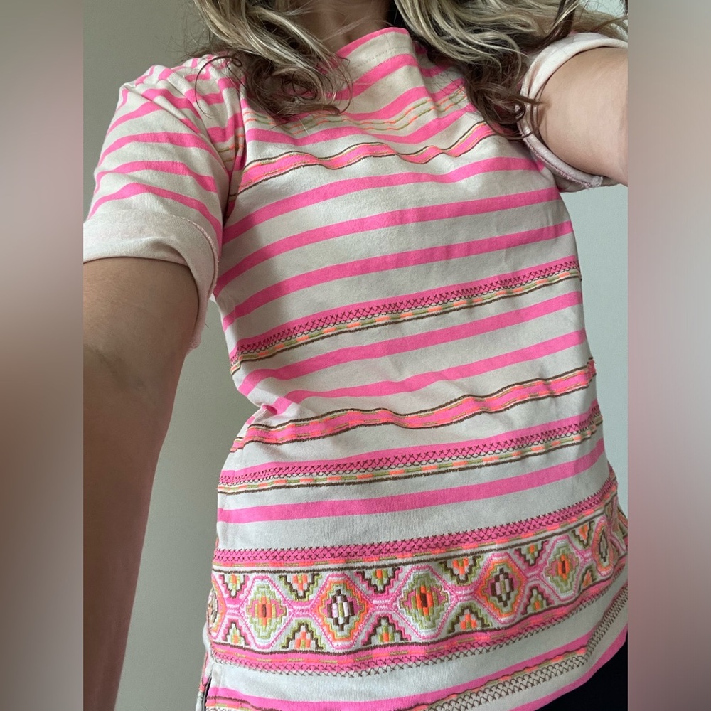 Fun Jcrew top. Size small. Neon pink stripe with embroidered design at hem